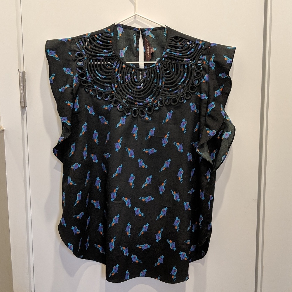 Anthropologie Flutter Sleeve Bird Print Blouse